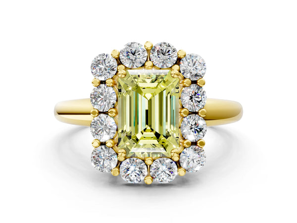 Yellow gold Fancy Yellow Emerald  Halo Cluster Diamond Engagement Ring with Prong Setting and Polished Band
