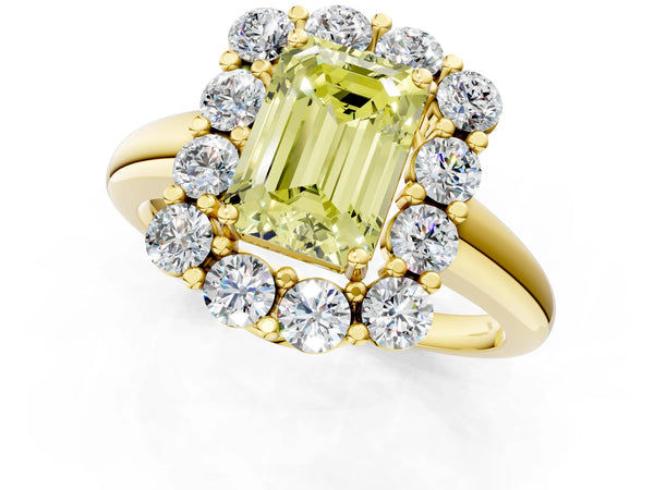 Yellow gold Fancy Yellow Emerald  Halo Cluster Diamond Engagement Ring with Prong Setting and Polished Band