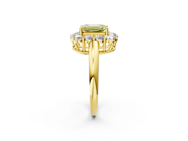 Yellow gold Fancy Yellow Emerald  Halo Cluster Diamond Engagement Ring with Prong Setting and Polished Band