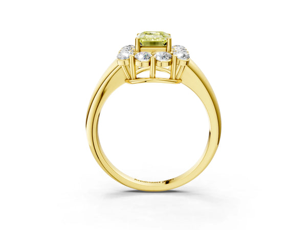 Yellow gold Fancy Yellow Emerald  Halo Cluster Diamond Engagement Ring with Prong Setting and Polished Band
