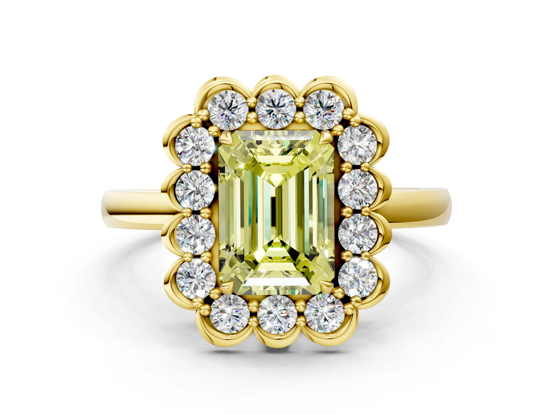 Yellow gold Fancy Yellow Emerald  Halo Cluster Diamond Engagement Ring with Solitaire Band and Prong Setting_48