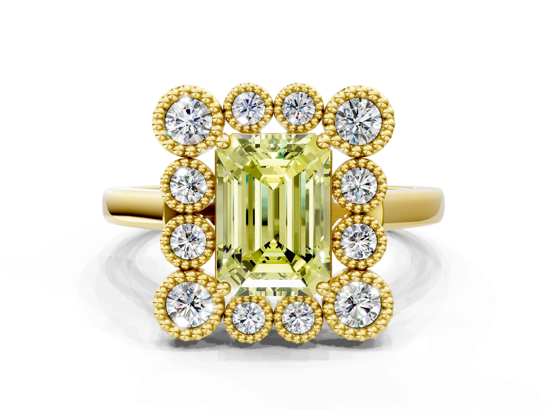 Yellow gold Fancy Yellow Emerald  Halo Diamond Cluster Engagement Ring with Milgrain Bezel Setting and Solitaire Band_27