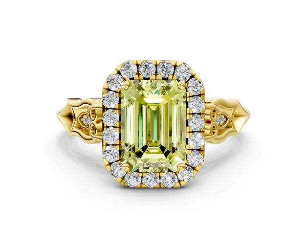 Yellow gold Fancy Yellow Emerald  Halo Diamond Engagement Ring with Filigree Band and Four-Prong Setting