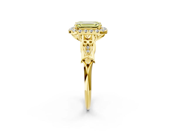 Yellow gold Fancy Yellow Emerald  Halo Diamond Engagement Ring with Filigree Band and Four-Prong Setting