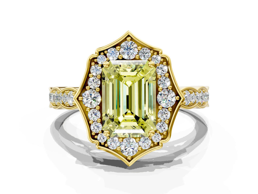 Yellow gold Fancy Yellow Emerald  Halo Diamond Engagement Ring with Milgrain Band and Four-Prong Setting_73