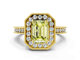 Yellow gold Fancy Yellow Emerald  Halo Diamond Engagement Ring with Milgrain Pave Band and Four-Prong Setting_39