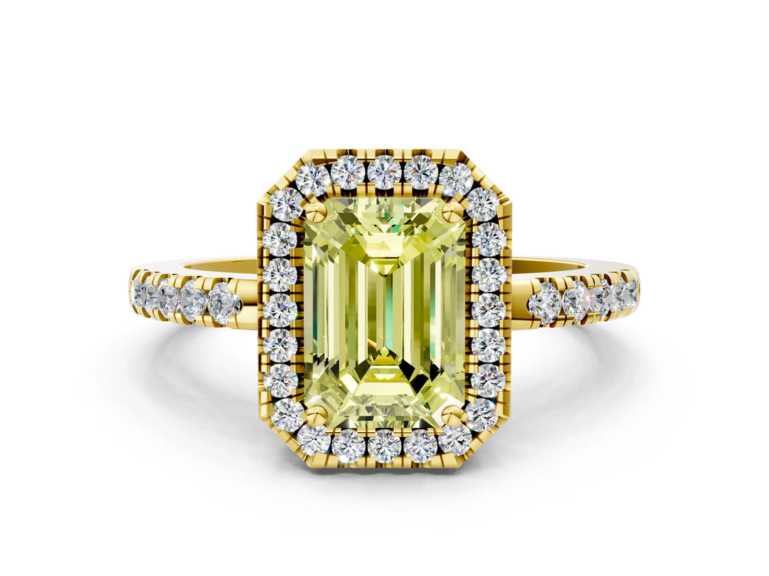 Yellow gold Fancy Yellow Emerald  Halo Diamond Engagement Ring with Pavé Band and Four-Prong Setting_51