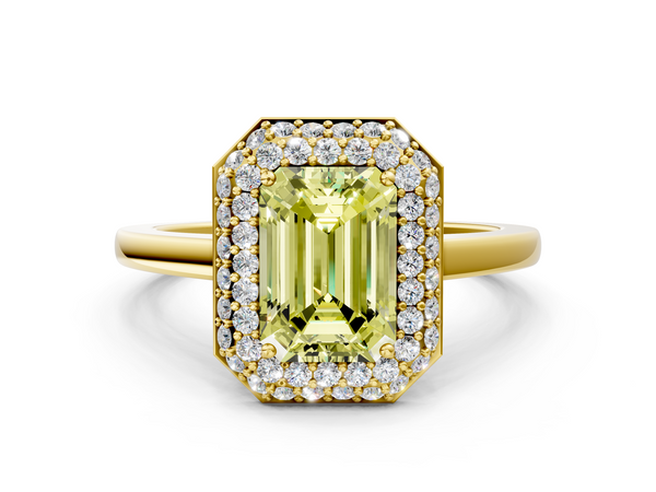 Yellow gold Fancy Yellow Emerald  Halo Diamond Engagement Ring with Solitaire Band and Four-Prong Setting