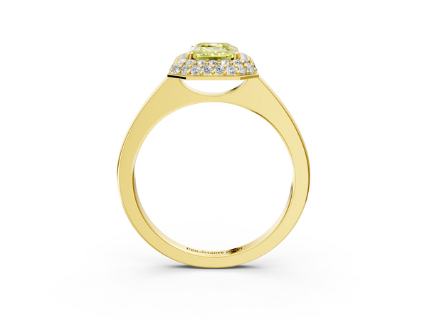 Yellow gold Fancy Yellow Emerald  Halo Diamond Engagement Ring with Solitaire Band and Four-Prong Setting