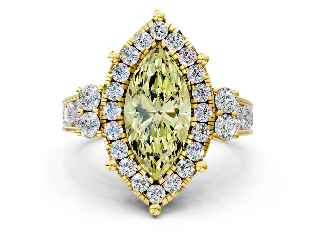 Yellow gold Fancy Yellow Emerald  Halo Diamond Engagement Ring with Split Shank and Four-Prong Setting