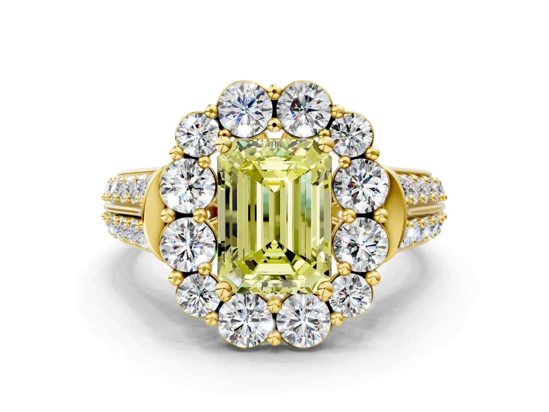 Yellow gold Fancy Yellow Emerald  Halo Diamond Engagement Ring with Split Shank and Prong Setting_62