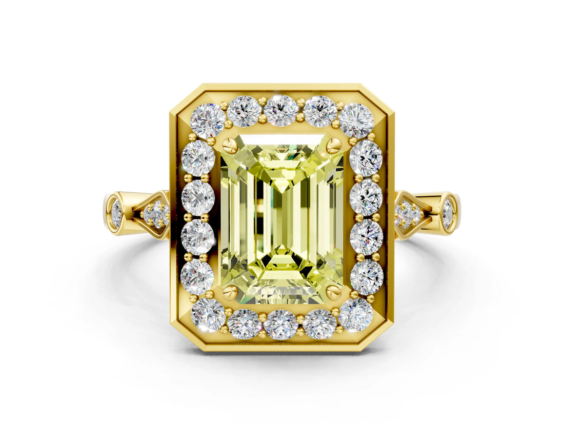 Yellow gold Fancy Yellow Emerald  Halo Diamond Engagement Ring with Twisted Band and Four-Prong Setting