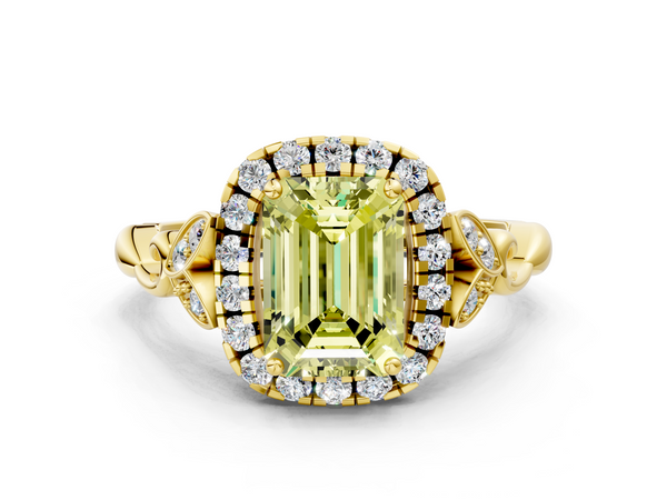 Yellow gold Fancy Yellow Emerald  Halo Diamond Engagement Ring with Vintage-Inspired Band and Four-Prong Setting