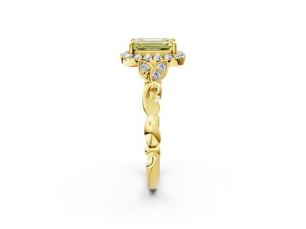 Yellow gold Fancy Yellow Emerald  Halo Diamond Engagement Ring with Vintage-Inspired Band and Four-Prong Setting