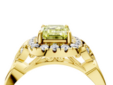 Yellow gold Fancy Yellow Emerald  Halo Diamond Engagement Ring with Vintage-Inspired Band and Four-Prong Setting_7