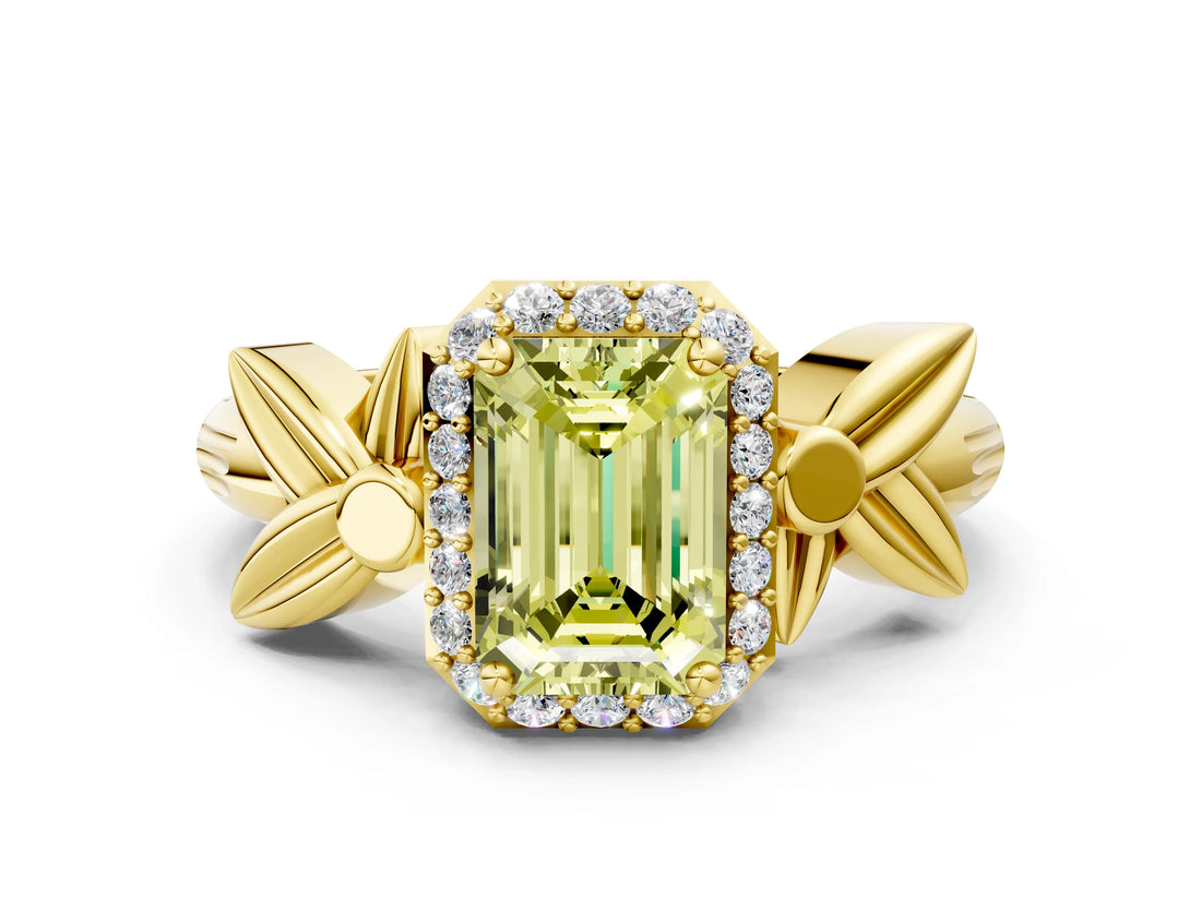 Yellow gold Fancy Yellow Emerald  Halo Diamond Floral Band with Four-Prong Setting_55