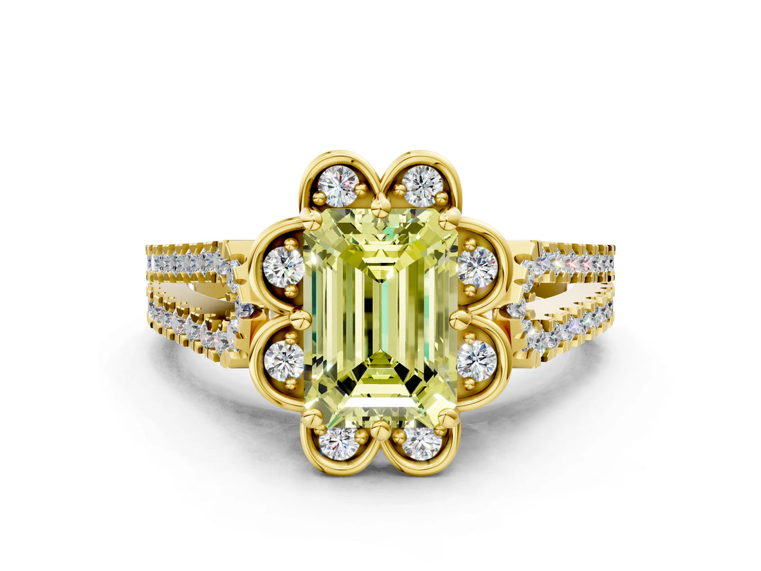 Yellow gold Fancy Yellow Emerald  Halo Diamond Floral Split Shank Engagement Ring 1