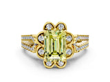 Yellow gold Fancy Yellow Emerald  Halo Diamond Floral Split Shank Engagement Ring 1