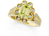 Yellow gold Fancy Yellow Emerald  Halo Diamond Floral Split Shank Engagement Ring 2