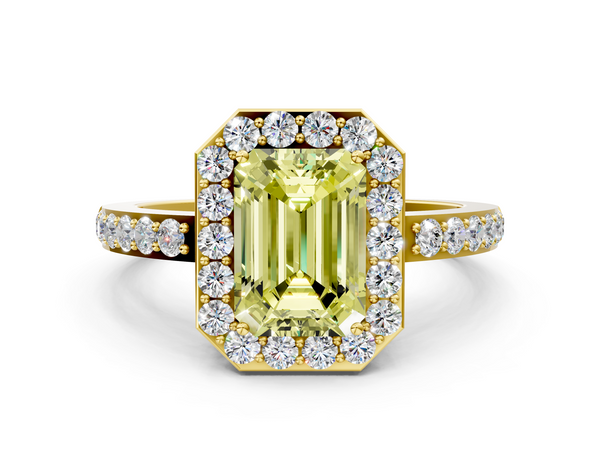 Yellow gold Fancy Yellow Emerald  Halo Diamond Pavé Band Ring with Prong Setting