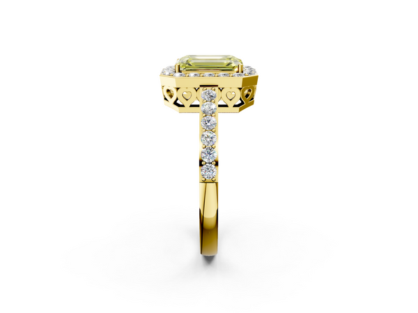 Yellow gold Fancy Yellow Emerald  Halo Diamond Pavé Band Ring with Prong Setting