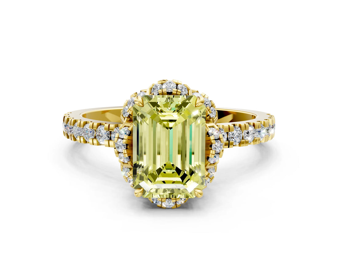Yellow gold Fancy Yellow Emerald  Halo Diamond Pave Band Ring with Four-Prong Setting_27