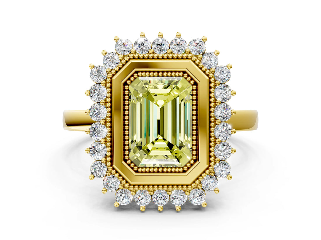 Yellow gold Fancy Yellow Emerald  Halo Diamond Ring with Milgrain Edge and Round Prong Setting_26