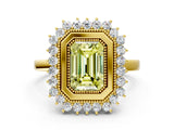 Yellow gold Fancy Yellow Emerald  Halo Diamond Ring with Milgrain Edge and Round Prong Setting_26