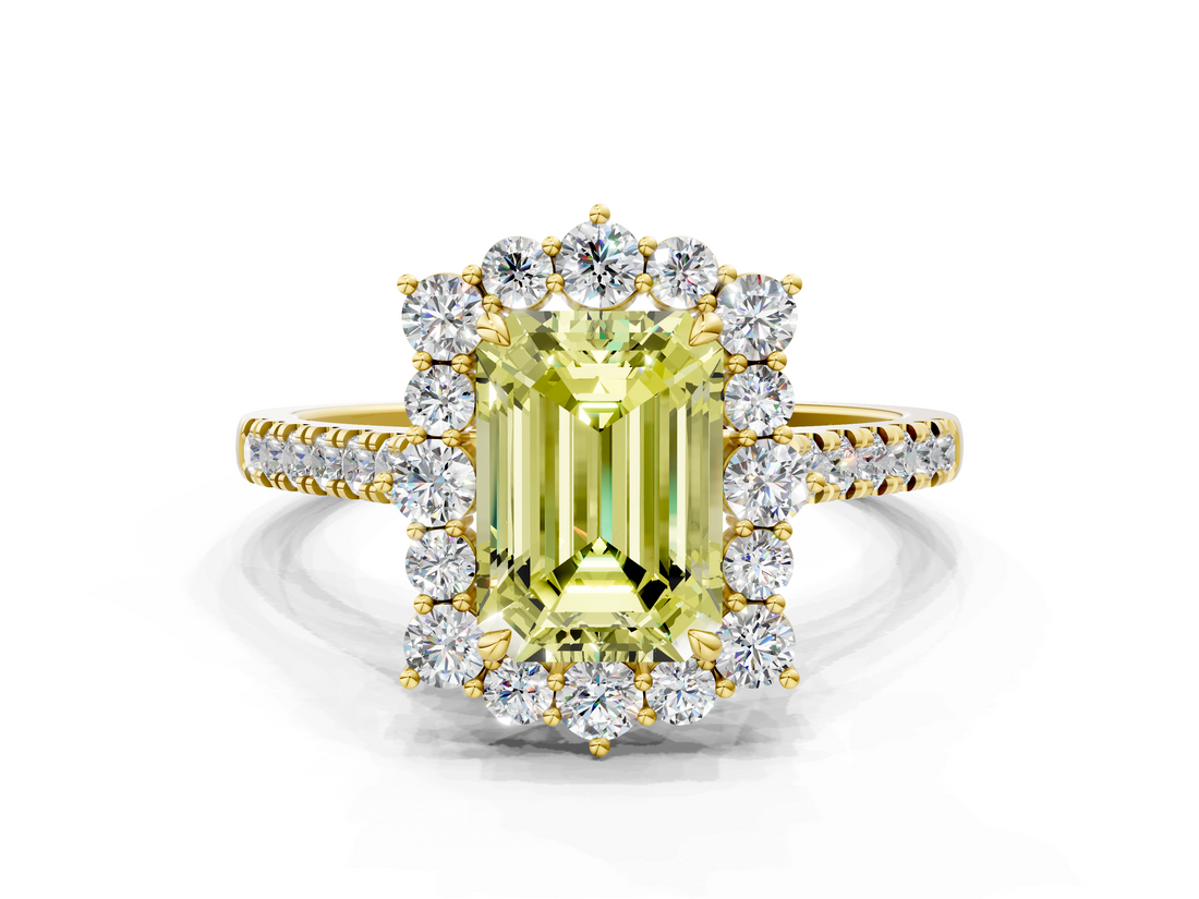 Yellow gold Fancy Yellow Emerald  Halo Diamond Ring with Pavé Band and Prong Setting_20