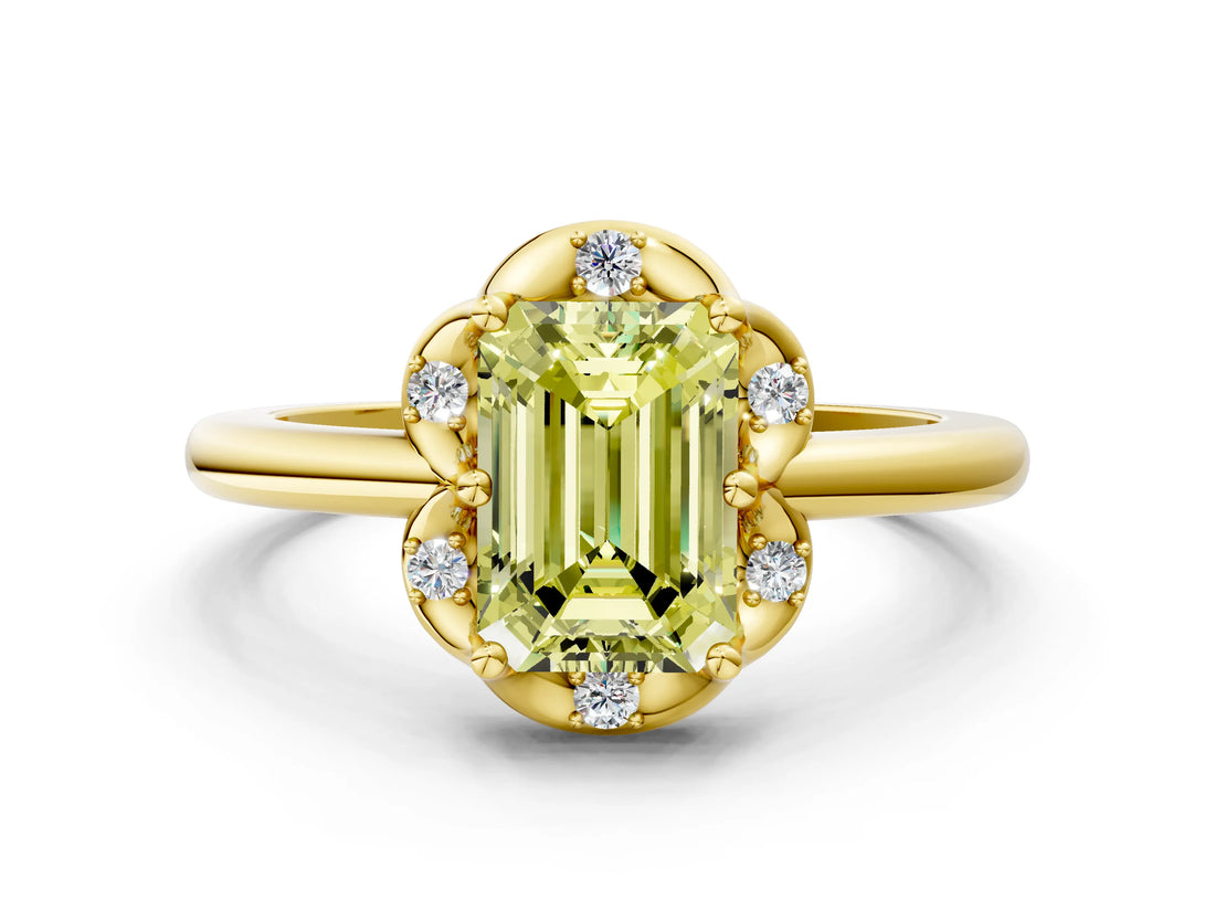 Yellow gold Fancy Yellow Emerald  Halo Diamond Ring with Round Cluster Setting, Solitaire Band, and Four-Prong Setting_85