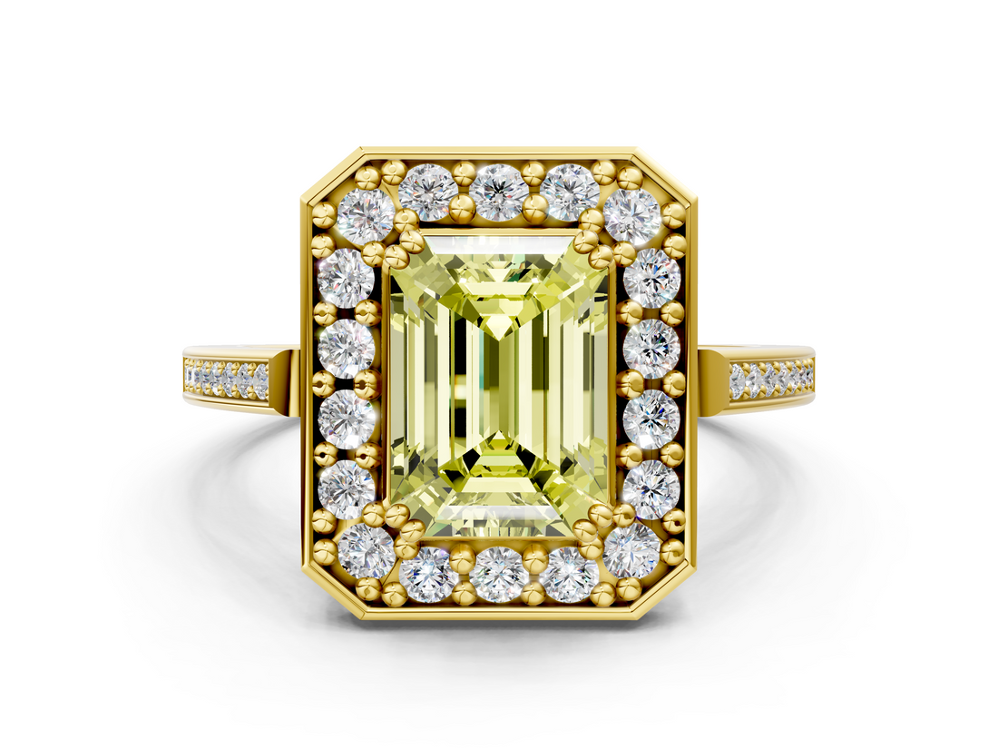 Yellow gold Fancy Yellow Emerald  Halo Diamond Ring with Split Shank and Four-Prong Setting_27