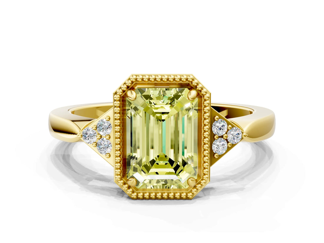 Yellow gold Fancy Yellow Emerald  Halo Diamond Ring with Tapered Band and Four-Prong Setting_7