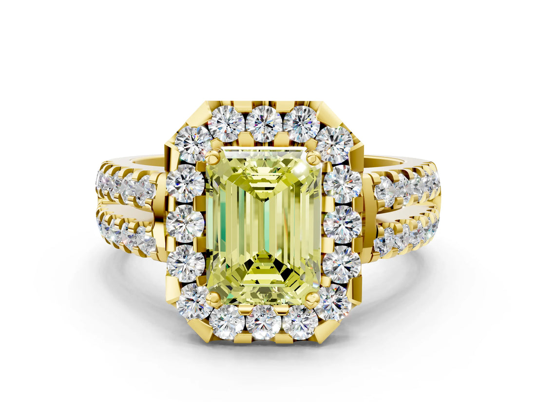 Yellow gold Fancy Yellow Emerald  Halo Diamond Split Shank Engagement Ring with Prong Setting_39