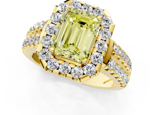 Yellow gold Fancy Yellow Emerald  Halo Diamond Split Shank Engagement Ring with Prong Setting