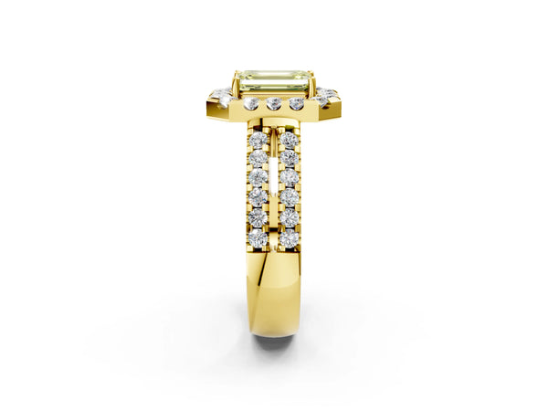 Yellow gold Fancy Yellow Emerald  Halo Diamond Split Shank Engagement Ring with Prong Setting