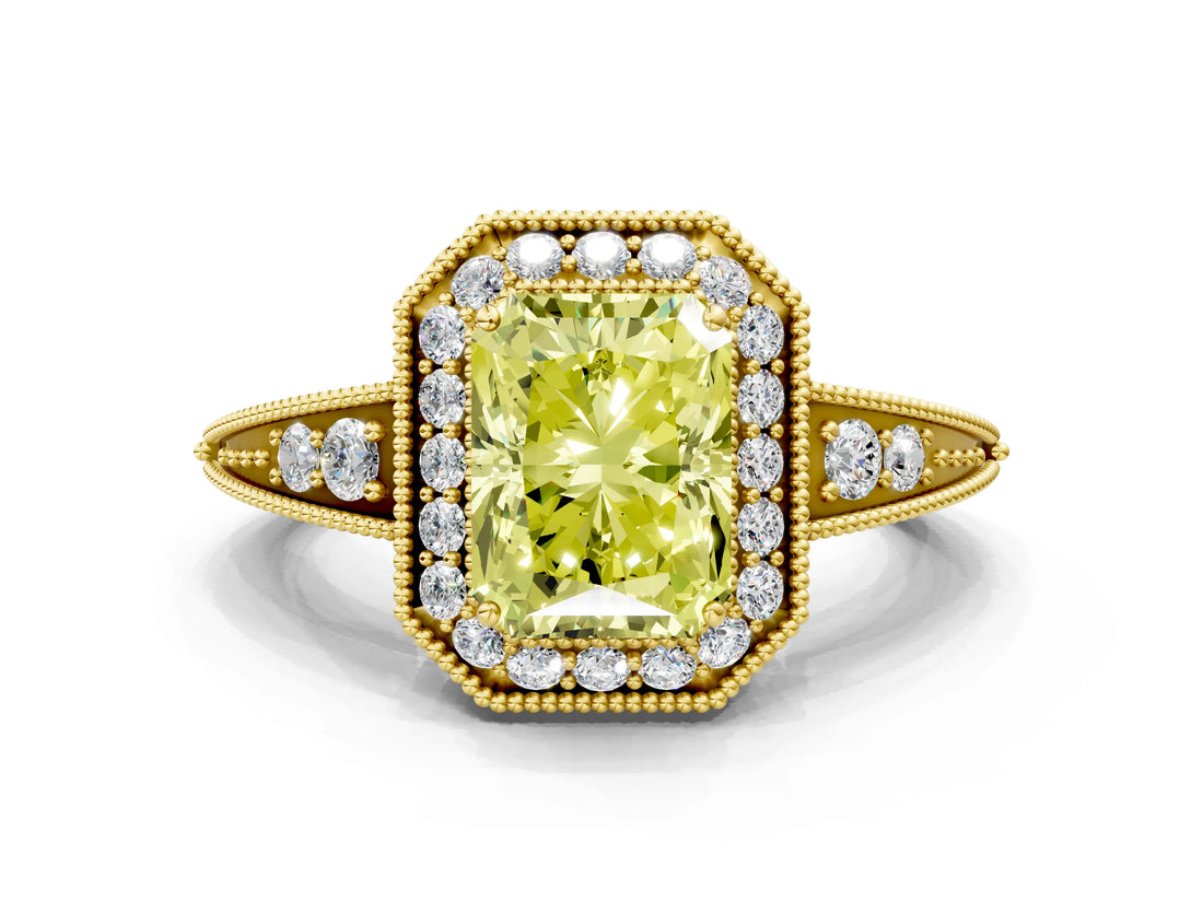 Yellow gold Fancy Yellow Emerald  Halo Diamond Split Shank Ring with Milgrain Detail_49