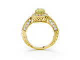 Yellow gold Fancy Yellow Emerald  Halo Diamond Split Shank Ring with Milgrain Detail_52