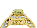 Yellow gold Fancy Yellow Emerald  Halo Diamond Split Shank Ring with Milgrain Detail_53
