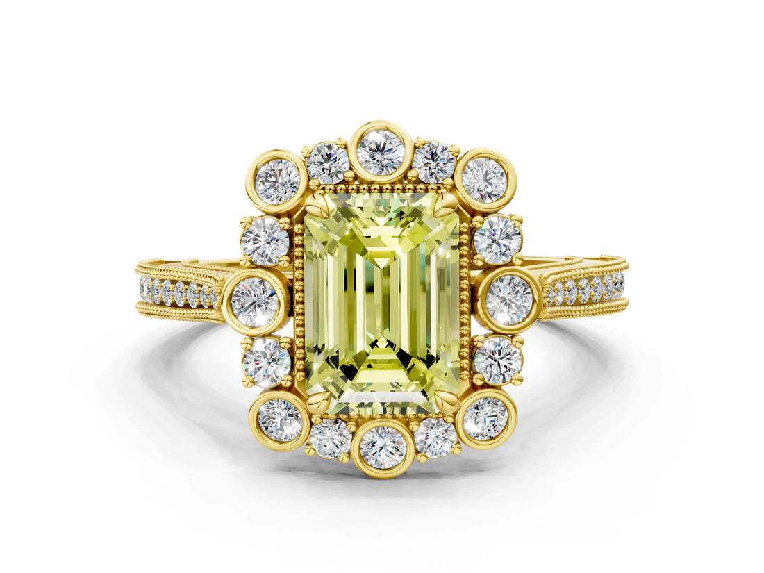Yellow gold Fancy Yellow Emerald  Halo Milgrain Pave Diamond Ring with Four-Prong Setting