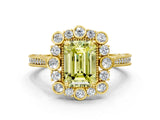 Yellow gold Fancy Yellow Emerald  Halo Milgrain Pave Diamond Ring with Four-Prong Setting