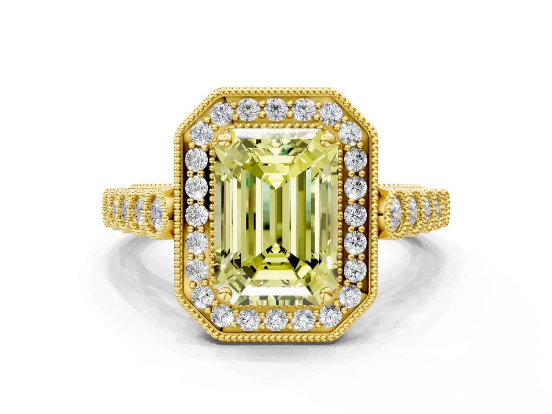 Yellow gold Fancy Yellow Emerald  Halo Milgrain Solitaire with Bezel Set Side Stones and Pave Band_33