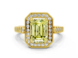 Yellow gold Fancy Yellow Emerald  Halo Milgrain Solitaire with Bezel Set Side Stones and Pave Band_33