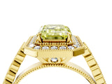 Yellow gold Fancy Yellow Emerald  Halo Milgrain Solitaire with Bezel Set Side Stones and Pave Band_37