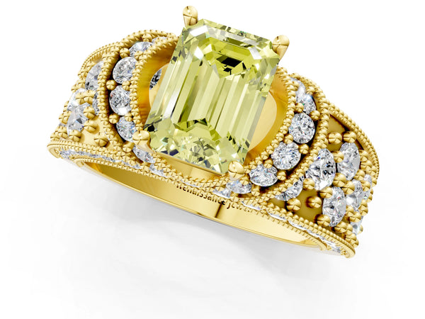 Yellow gold Fancy Yellow Emerald  Halo Pave Diamond Engagement Ring with Milgrain Detailing