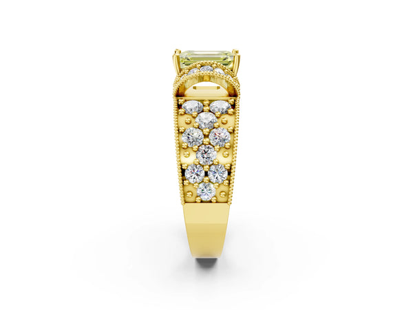 Yellow gold Fancy Yellow Emerald  Halo Pave Diamond Engagement Ring with Milgrain Detailing