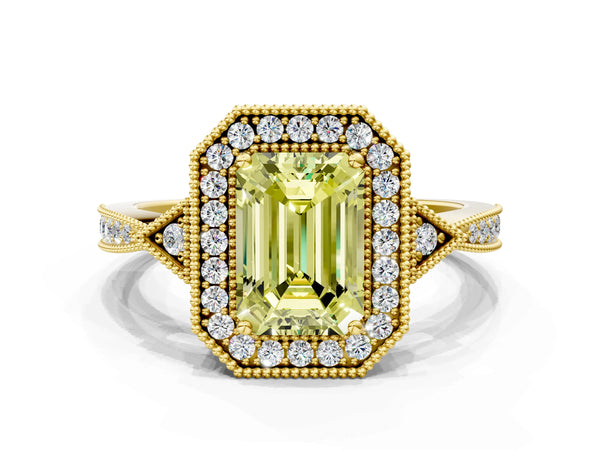 Yellow gold Fancy Yellow Emerald  Halo Round Diamond Milgrain Pave Engagement Ring