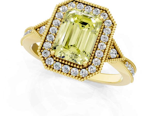 Yellow gold Fancy Yellow Emerald  Halo Round Diamond Milgrain Pave Engagement Ring