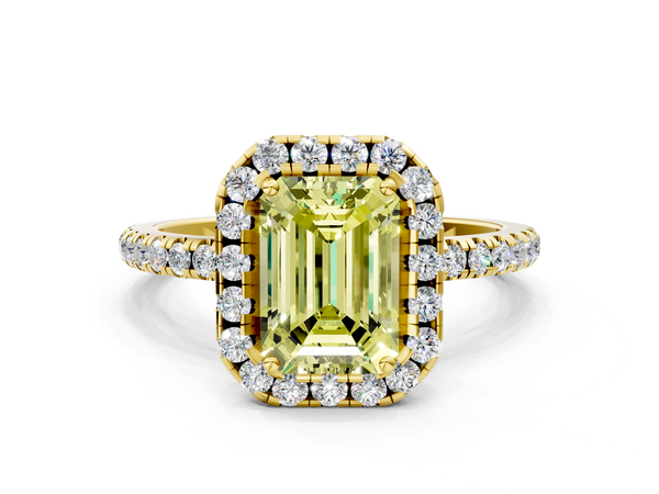 Yellow gold Fancy Yellow Emerald  Halo Round Diamond Pavé Band Four-Prong Ring