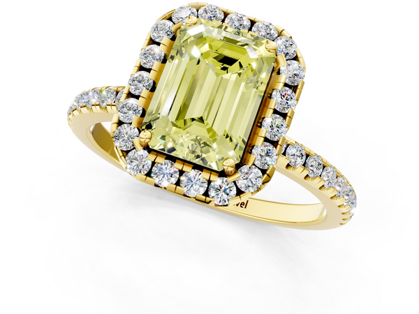 Yellow gold Fancy Yellow Emerald  Halo Round Diamond Pavé Band Four-Prong Ring