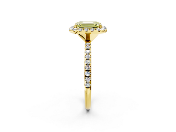 Yellow gold Fancy Yellow Emerald  Halo Round Diamond Pavé Band Four-Prong Ring